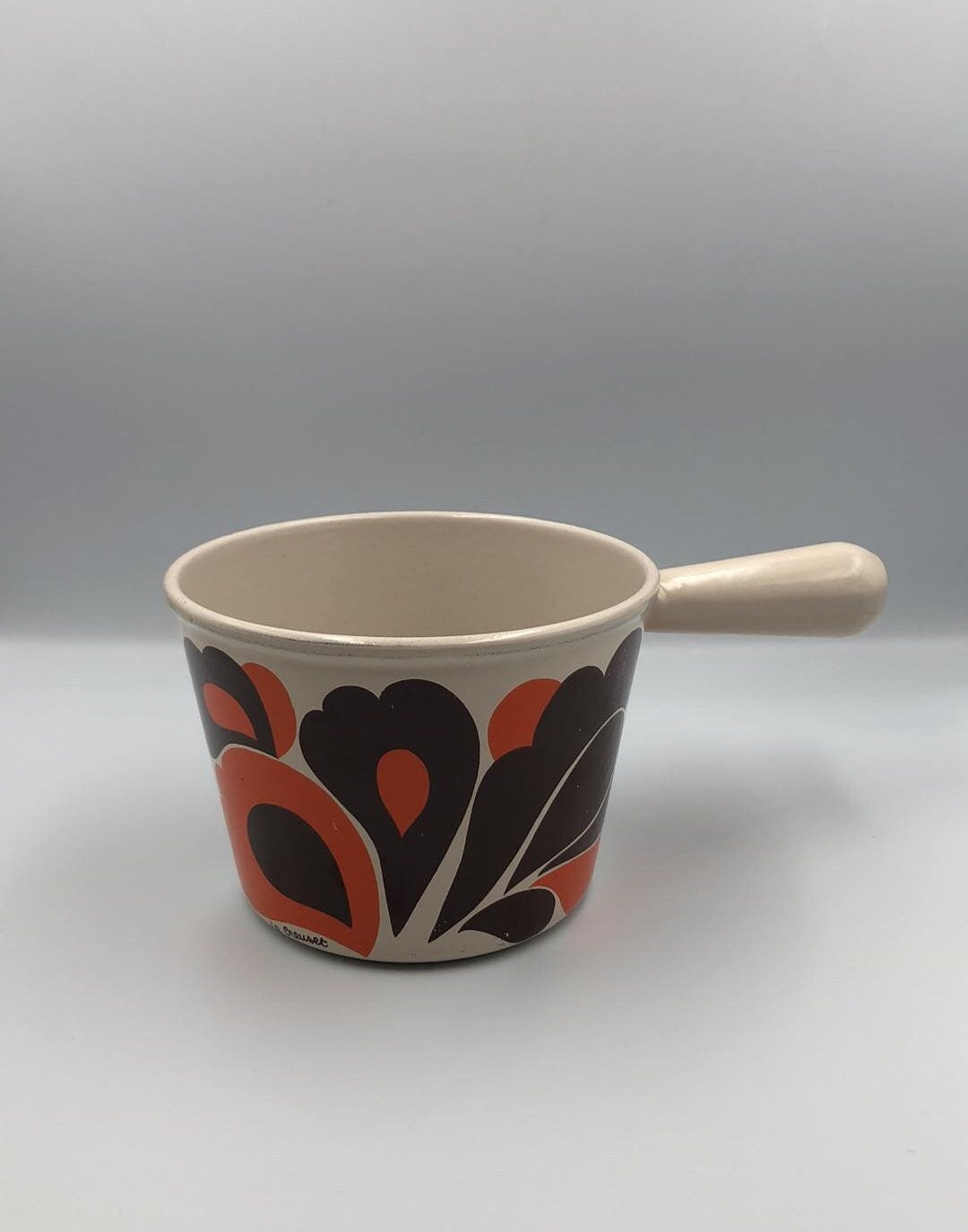 LE CREUSET SERVICE A FONDUE VINTAGE . Caquelon Fonte. Motif Paon