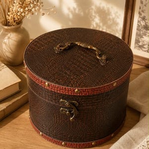 Ancienne Boîte à Chapeau Vintage Ronde en Bois & Cuir, Hat Box avec Fermeture Gladstone et Poignée Laiton (vue par dessus fermée)