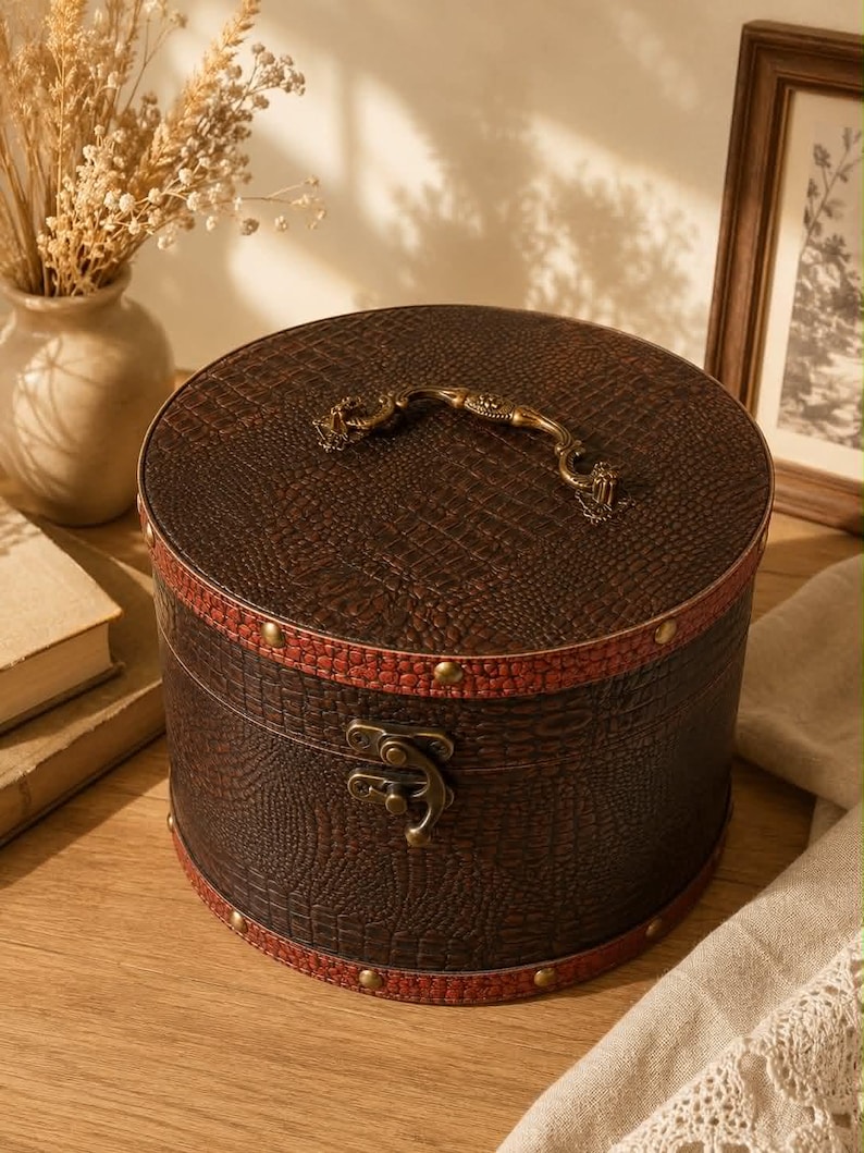 Ancienne Boîte à Chapeau Vintage Ronde en Bois & Cuir, Hat Box avec Fermeture Gladstone et Poignée Laiton (vue par dessus fermée)
