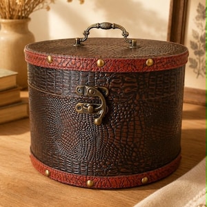 Ancienne Boîte à Chapeau Vintage Ronde en Bois & Cuir, Hat Box avec Fermeture Gladstone et Poignée Laiton (vue de face fermée)