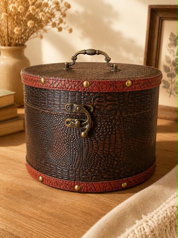 Ancienne Boîte à Chapeau Vintage Ronde en Bois & Cuir, Hat Box avec Fermeture Gladstone et Poignée Laiton