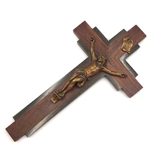 Antique Walnut Wood and Bronze Christ Wall Crucifix - Religious Icon - Bronze Corpus Christi - Religious Reliquary
