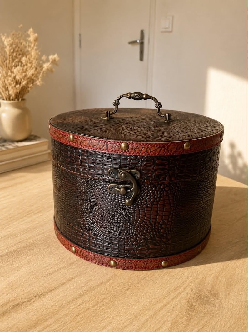 Ancienne Boîte à Chapeau Vintage Ronde en Bois & Cuir, Hat Box avec Fermeture Gladstone et Poignée Laiton (vue de face fermée)