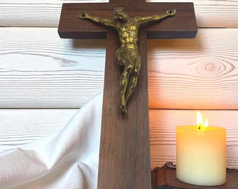 Antique Rosewood Crucifix & Bronze Christ – Signed DORLIA – Vintage Sacred Art Made in France