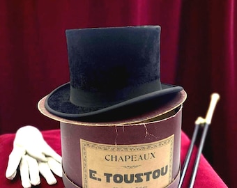 Antique luxury top hat by E. Toustou Douai, mink & satin, 19th-20th century, original box, award-winning French millinery
