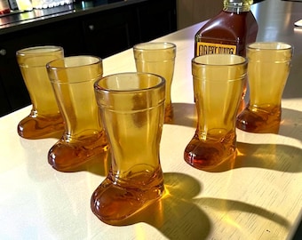Juego de 6 vasos de chupito vintage color ámbar, vidrio grueso, Hecho en Francia, estilo retro, decoración de bar, artículo de colección original, en caja.