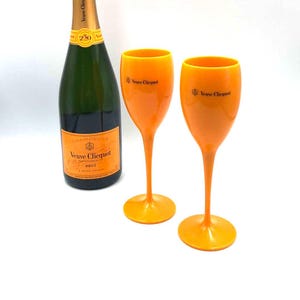 Veuve Clicquot Set of 2 Vintage Orange Acrylic Polycarbonate Champagne Flutes - Made in France - Gift