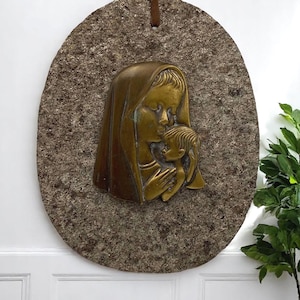 Religious Stone and Bronze Plaque – Virgin Mary & Child Jesus – Vintage Wall Icon – Spiritual Gift