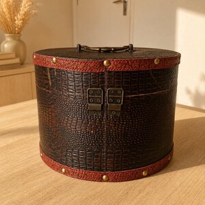 Ancienne Boîte à Chapeau Vintage Ronde en Bois & Cuir, Hat Box avec Fermeture Gladstone et Poignée Laiton (vue de derrière)