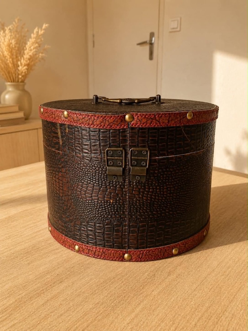 Ancienne Boîte à Chapeau Vintage Ronde en Bois & Cuir, Hat Box avec Fermeture Gladstone et Poignée Laiton (vue de derrière)
