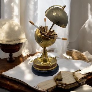 Zigarettenspender mit Musikalischem Globus und Aschenbecher aus Messing im Vintage-Stil – Antiker Zigarettenhalter für den Tisch – Geschenk
