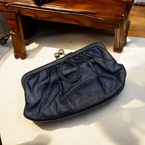Grand Porte Monnaie en Cuir à 4 Compartiments bleu marine - Ancien Porte Monnaie de Grand-Mère vintage France 1950