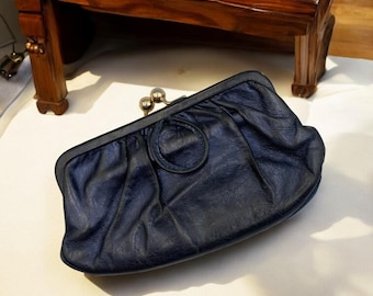 Grand Porte Monnaie en Cuir à 4 Compartiments bleu marine - Ancien Porte Monnaie de Grand-Mère vintage France 1950