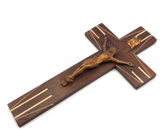Antique French Wall Crucifix in Noble Wood with Bronze Christ Signed Hardi France - Religious Reliquary - Bronze Art - Sacred Art