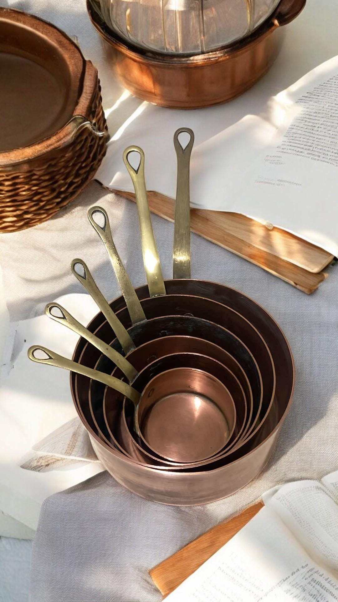 真鍮ハンドル付きヴィンテージ銅鍋6個セット - フランス製キッチン用品