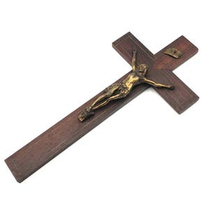 Antique French Black Walnut Wood and Bronze Christ Wall Crucifix - Early 20th Century - Religious Gift