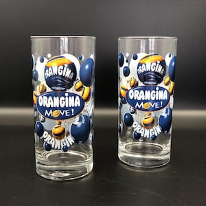 Orangina two advertising glasses / Vintage / Retro / French bistro glass / 80&#39;s bar glass Made in France / Vintage bar