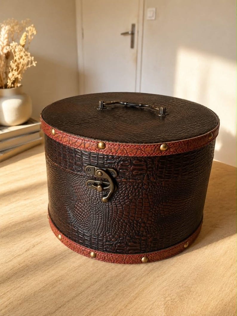 Ancienne Boîte à Chapeau Vintage Ronde en Bois & Cuir, Hat Box avec Fermeture Gladstone et Poignée Laiton (vue de profil)