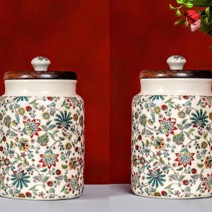 Juego de tarros herméticos de cerámica hechos a mano Fabihacraft / Almacenamiento de cocina floral con tapa de madera / 850 ml / 29 oz / Paquete de 1 tarro para galletas y frutos secos