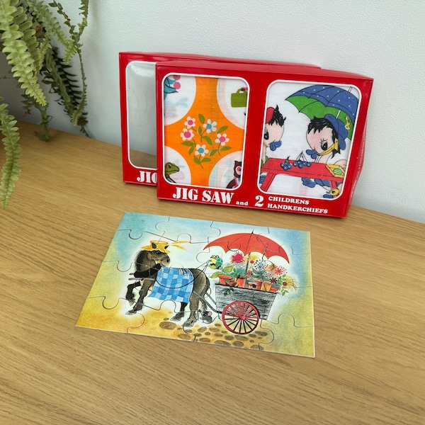 Vintage Children’s Boxed 2 Handkerchiefs and Jigsaw Set