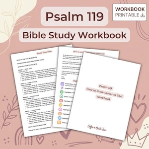 Puede incluir: Un cuaderno de ejercicios imprimible para el estudio bíblico del Salmo 119 que consta de varias páginas blancas con texto en negro. Las páginas incluyen una descripción general del estudio, una guía de uso y una portada titulada Psalm 119 How to Grow Closer to God Workbook.