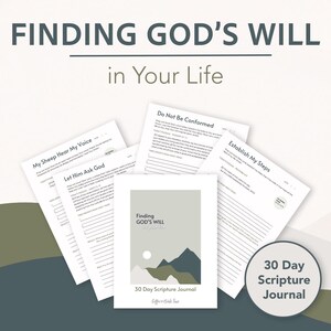 May include: A 30-day scripture journal titled Finding God's Will in Your Life, featuring a cover with a mountain landscape illustration and a white sun. The set includes multiple white paper pages with printed text, lines for writing, and headers.
