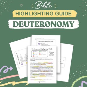 May include: A Bible highlighting guide for the book of Deuteronomy featuring printed pages with a color-coded key. The guide includes text, bullet points, and highlighted sections in purple, green, blue, yellow, and orange on white paper.