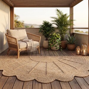Half Moon Flower Shaped Natural Fiber Rug 75x150cm | Boho Sunburst Jute Mat | Handmade Braided Jute Rug | Eco Friendly Floor Rug image 3