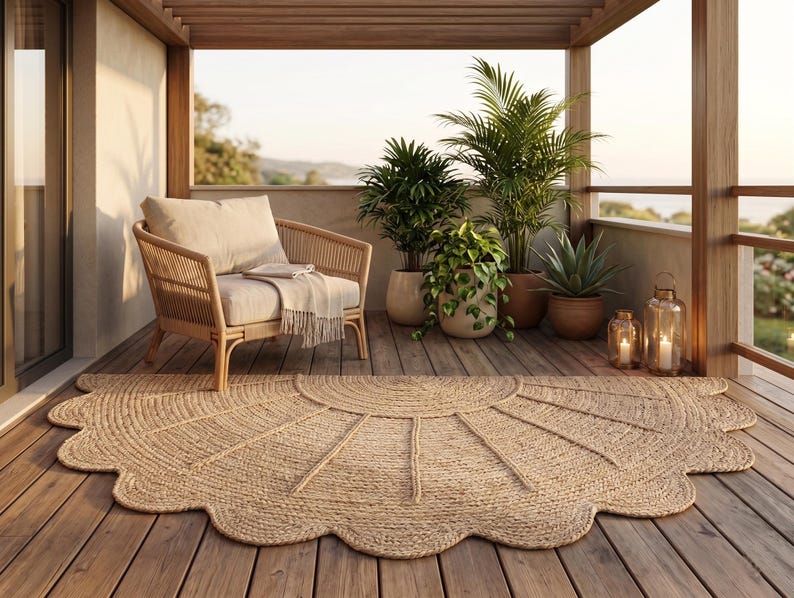 Half Moon Flower Shaped Natural Fiber Rug 75x150cm | Boho Sunburst Jute Mat | Handmade Braided Jute Rug | Eco Friendly Floor Rug image 3