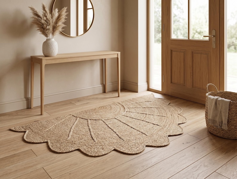 May include: A semi-circular rug made of woven natural tan fibres, featuring a sunburst pattern with radiating lines and a scalloped edge. The rug is laid flat on a light-coloured wooden floor, showcasing a textured, braided construction throughout.