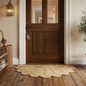 May include: A semi-circular natural fibre doormat with a scalloped edge design placed on a wooden floor in front of a dark brown wooden door. The entryway includes a wooden shoe rack with footwear, a wicker umbrella stand, and a potted plant.
