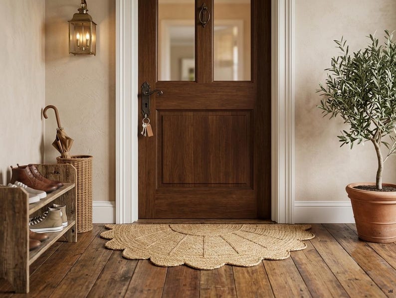 May include: A semi-circular natural fibre doormat with a scalloped edge design placed on a wooden floor in front of a dark brown wooden door. The entryway includes a wooden shoe rack with footwear, a wicker umbrella stand, and a potted plant.