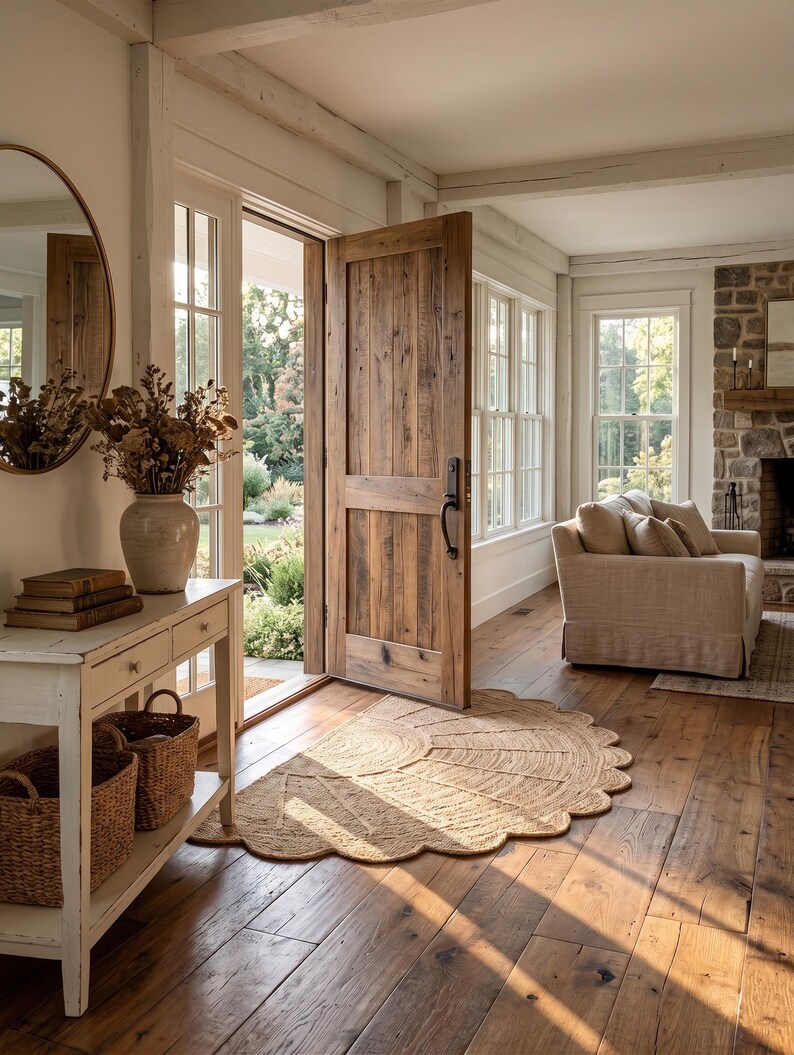 May include: A semi-circular jute rug with a scalloped edge sits on a wooden floor in an entryway. The space features a white console table with two woven baskets, a vase of dried flowers, a round mirror, and a large wooden door left open.