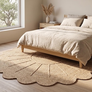 May include: A semi-circular area rug crafted from natural tan woven fibres, featuring a sunburst pattern with radiating lines and a scalloped edge. The rug is positioned on a light-coloured wooden floor beneath a wooden bed frame with beige bedding.
