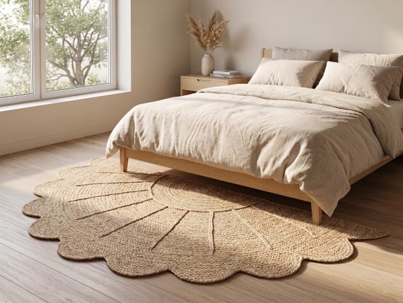 Half Moon Flower Shaped Natural Fiber Rug 75x150cm | Boho Sunburst Jute Mat | Handmade Braided Jute Rug | Eco Friendly Floor Rug