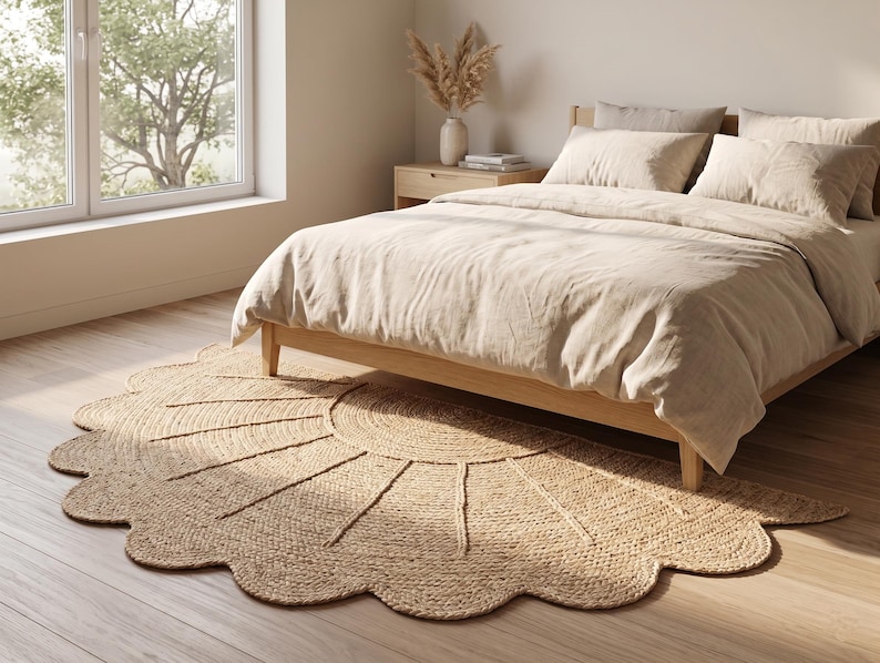 May include: A semi-circular area rug crafted from natural tan woven fibres, featuring a sunburst pattern with radiating lines and a scalloped edge. The rug is positioned on a light-coloured wooden floor beneath a wooden bed frame with beige bedding.