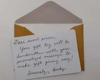 Handwritten gift tag, gold envelope, business card size, fudge order add-on only