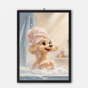 Luxe poedelbubbelbadposter – Leuke en ontspannende hondenmuurkunst voor dierenliefhebbers, gezellig badkamerdecor, perfect cadeau voor hondenbezitters