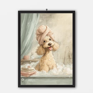 Luxe poedelbubbelbadposter – Leuke en ontspannende hondenmuurkunst voor dierenliefhebbers, gezellig badkamerdecor, perfect cadeau voor hondenbezitters