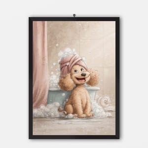 Luxe poedelbubbelbadposter – Leuke en ontspannende hondenmuurkunst voor dierenliefhebbers, gezellig badkamerdecor, perfect cadeau voor hondenbezitters