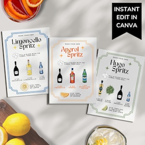 3 Spritz-stationbordset, Aperol Spritz-receptkaart afdrukbaar, limoncello Spritz-bord bewerkbaar, DIY Hugo Spritz-barbordsjabloon, cocktail