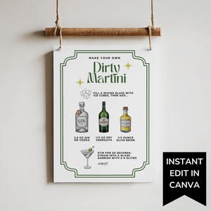 Modelo de cartão de receita de Martini sujo, menu de bebidas exclusivas de Martini, presente Stock the Bar, cartão de menu de coquetéis editável, festa de placa de coquetéis DIY