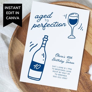 Envejecido a la perfección invitación de fiesta de cumpleaños de vino imprimible para adultos, plantilla de invitación dibujada a mano, invitación editable de cumpleaños simple Canva DIY