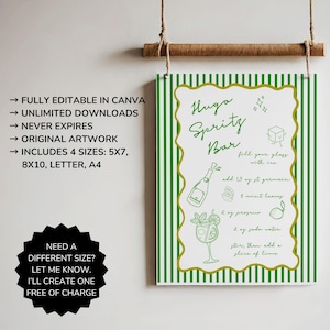 May include: Printable sign with green and white stripes, a gold border, and instructions for making a Hugo Sprity cocktail. The sign includes the text "Hugo Sprity Bar" and a list of ingredients, including St. Germain, mint leaves, prosecco, soda water, and a lime wedge.