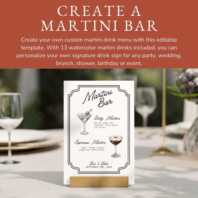 Puede incluir: Un cartel imprimible para un bar de martinis con una ilustraci&oacute;n en blanco y negro de una copa de martini y el texto "Martini Bar". El cartel tambi&eacute;n incluye los nombres de dos c&oacute;cteles de martini, "Dirty Martini" y "Espresso Martini", con sus ingredientes enumerados a continuaci&oacute;n. El cartel est&aacute; decorado con un borde negro y un soporte dorado.