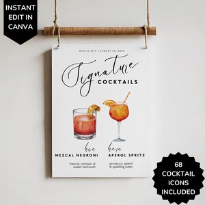 Seine und Ihre Unterschrift Getränkevorlage, Aquarell Bar Schild Hochzeit, 2 Drink Bar Menü, bearbeitbare Cocktailkarte Printable Canva anpassbar