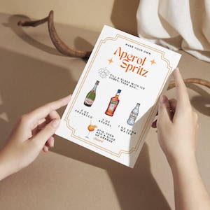 May include: A recipe card for an Aperol Spritz cocktail. The card features the title "Aperol Spritz" in a decorative font, along with instructions and illustrations of the ingredients: Prosecco, Aperol, soda water, and an orange slice.