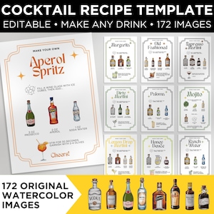 May include: A cocktail recipe template with editable drink recipes. The image features a recipe for Aperol Spritz, along with other cocktail recipes such as Margarita, Old Fashioned, and Mojito. The image also includes 172 original watercolour images.