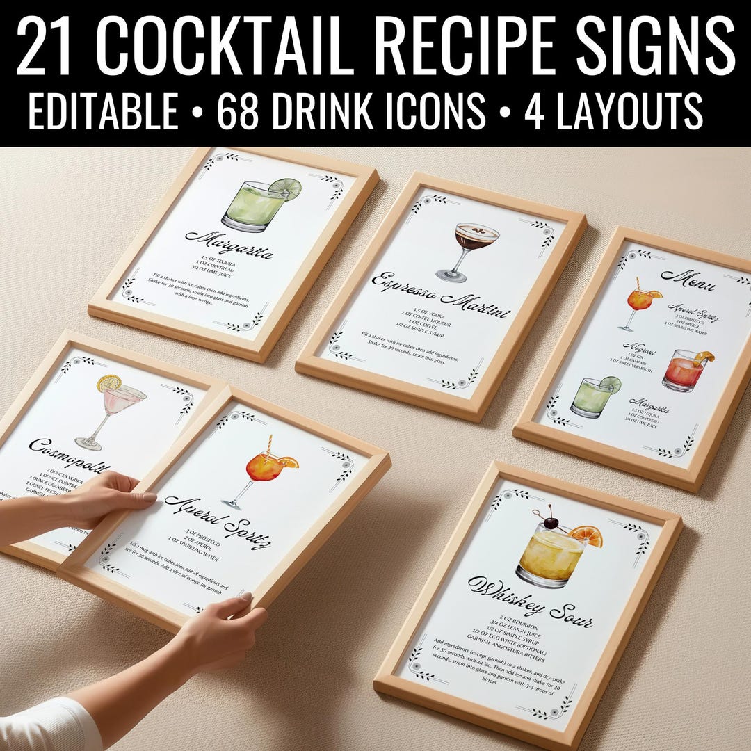 Cocktail Recipe Template, Drink Recipe Sign Printable, Editable ...