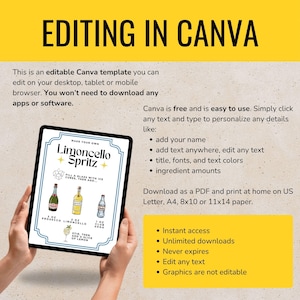 May include: A digital Canva template for a Limoncello Spritz recipe, displayed on a tablet. The image includes instructions, ingredient amounts, and a list of features. The text reads "Editing in Canva" at the top.